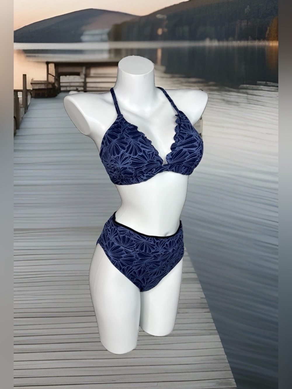 CupShe Floral Jacquard Scalloped Bralette & High Waist Bikini Set Women’s L NWT
